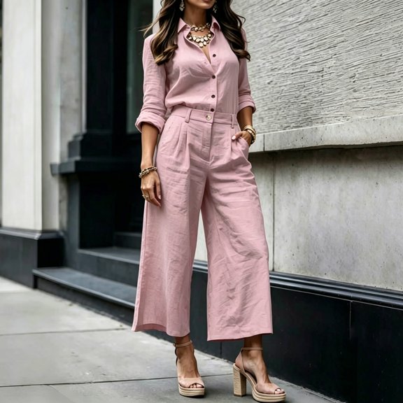 Cagogo Women's 2 Piece Set Long Sleeve Collared Shirt Wide Leg Pants Casual Outfit Solid Basic Tops Comfy Pants Matching Lounge Sets Travel Airport Clothes, Pink XL