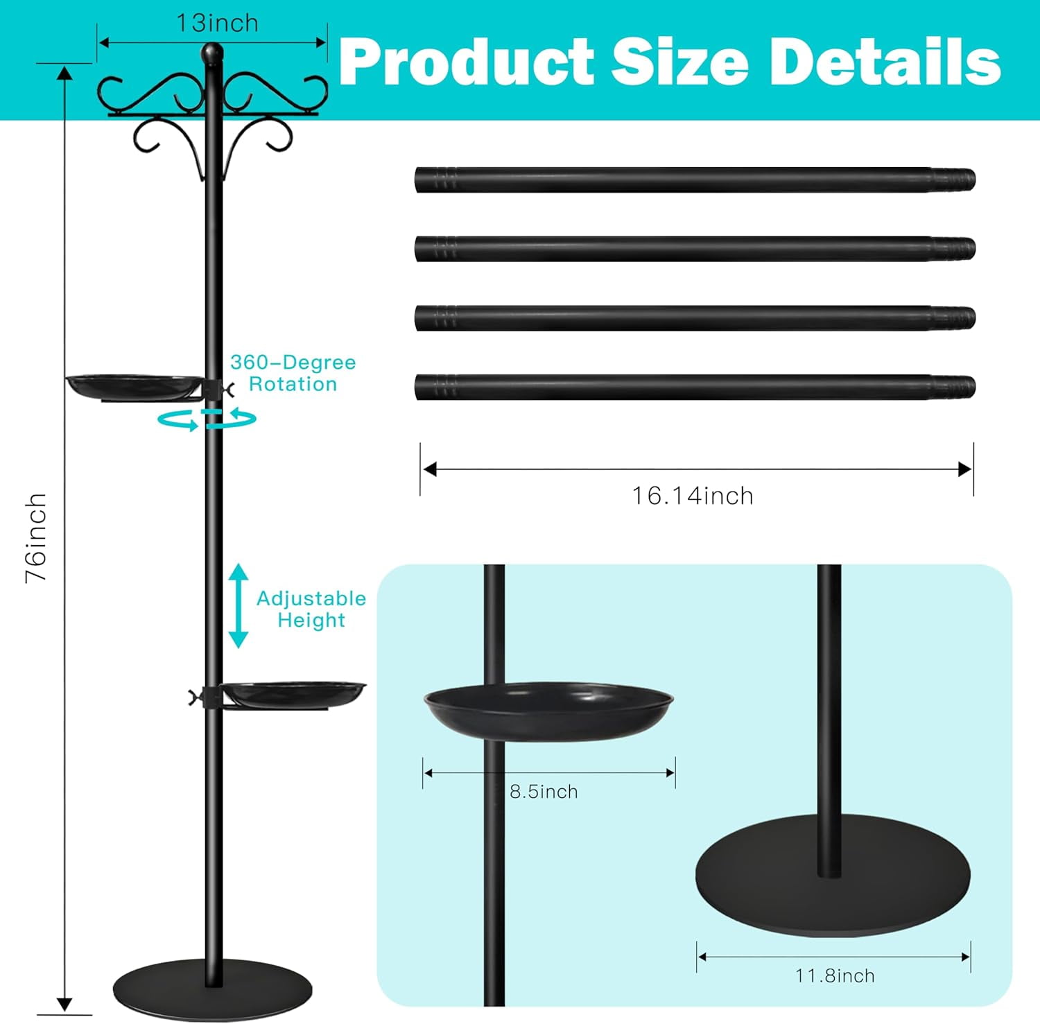 76" Thicken Shepherds Hooks for Outdoor - Double Shepherd Hooks for Outside with 2 Stands, Bird Feeder Pole with a Flat Base for Deck, Plant Stand Indoor, Wreath and Wind Chimes Hanger