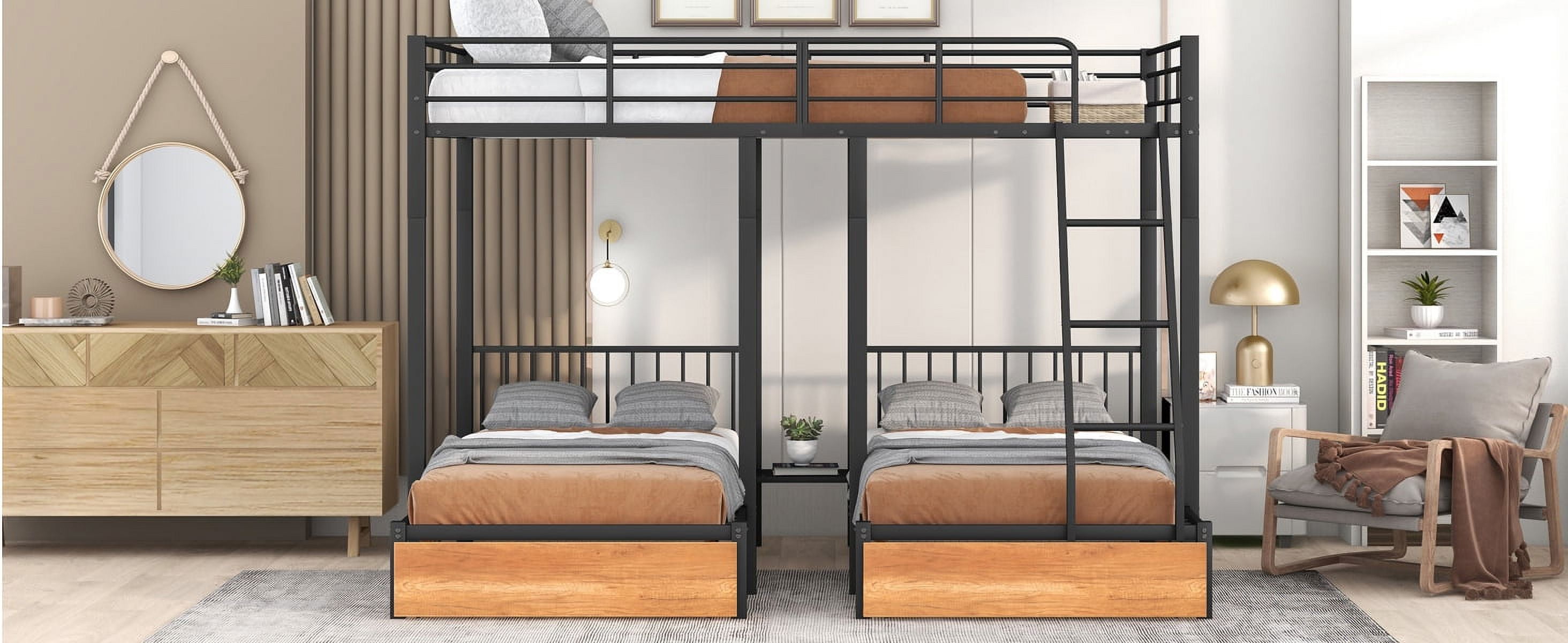 Mintazer Full Over Twin Over Twin Size Bunk Bed Frame with 2 Storage Drawers & Side Ladder, Triple Metal Bunk Bed with Guardrail, Can Be Split Into 3 Separate Beds, No Box Spring Needed, Black
