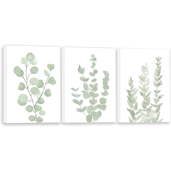 Botanical Eucalyptus Canvas FRAMED Wall Art | Boho Plant Wall Decor for Bedroom| Light Green Botanical Art Painting for Bathroom | Eucalyptus Leaf Picture | Set of 3