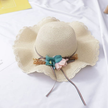 

Sunscreen Hats for Kids Girls Boys UPF 50+ Sun Protective Wide Brim Flower Beach Swimwear Sun Hat Hand Weave Straw Flat Cap Beige