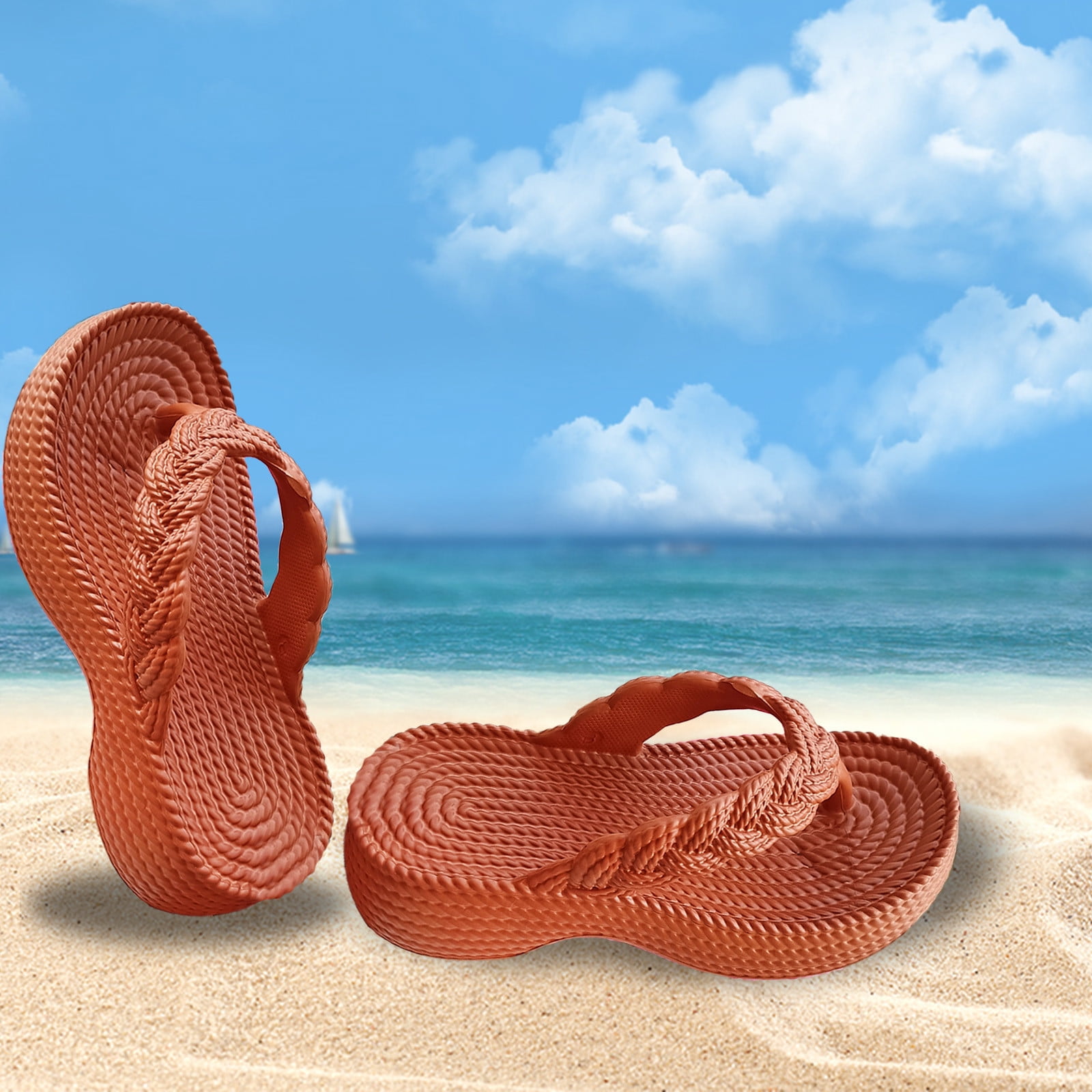 LSLJS Women Imitation Rope Thick Sole Slope Heel Flip Flops Beach