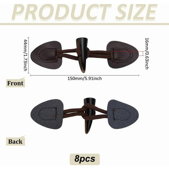 8PCS PU Leather Sew-On Toggles Closure with Resin Horn Buttons 1.7x5.9inch Vintage Coconut Brown Imitation Leather Buttons for Sewing DIY Crafts Handwork Coats Jackets Bags Decoration