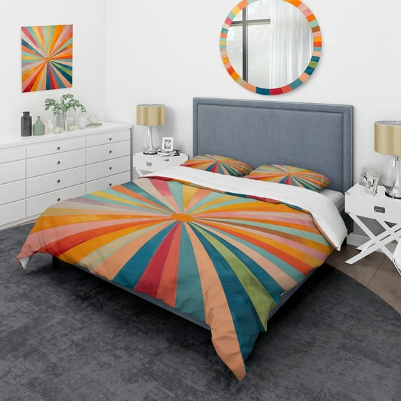 Designart "Colorful Mid Century Optical Charm I" Abstract Bedding Covert Set - Abstract Midcentury Multi-Color Mid-Century Bed Set With 2 Shams
