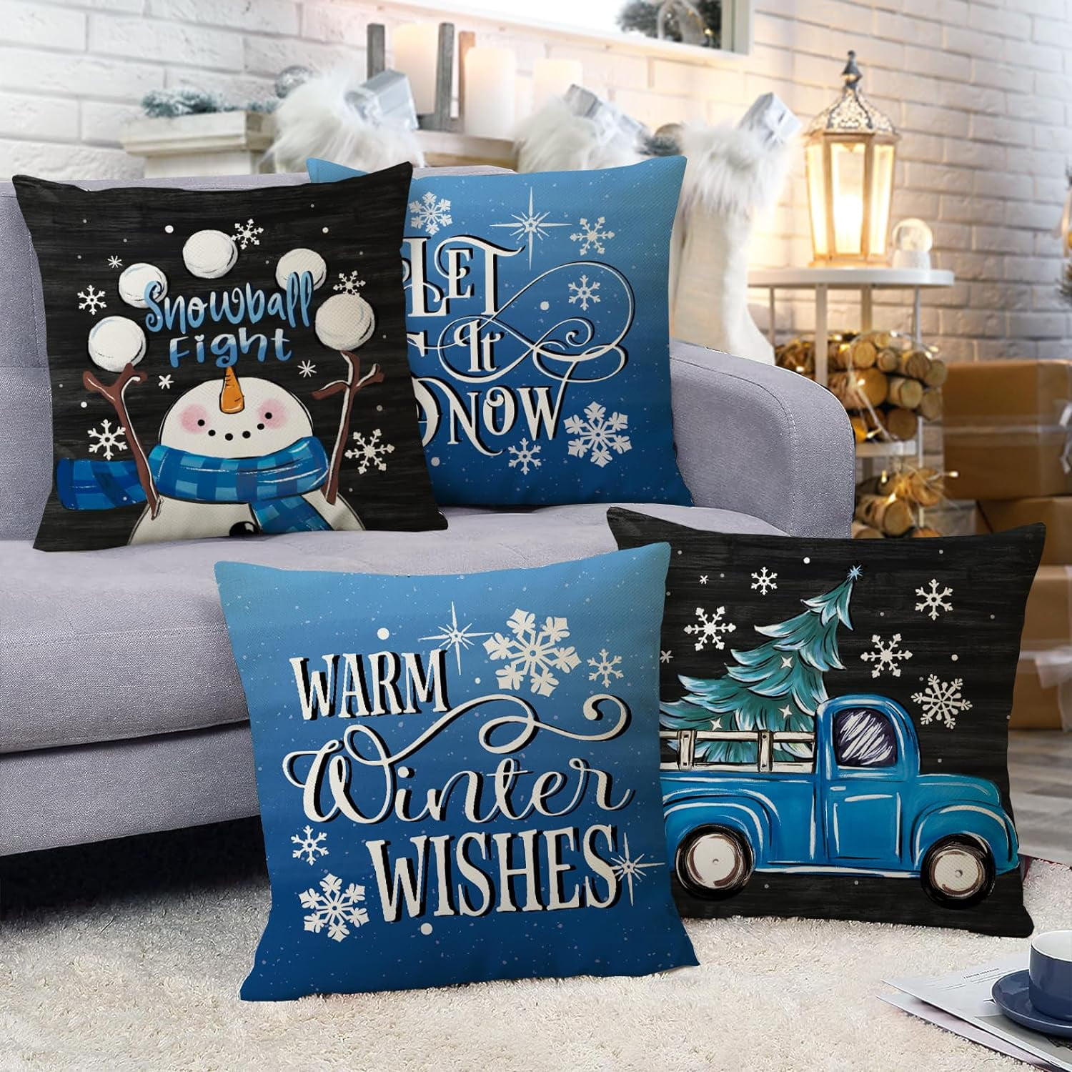 Warm Winter Wishes Decorative Throw Pillow Covers 18x18 Set of 4, Snowman Truck Christmas Tree Blue Black Outdoor Pillowcase, Let It Snow Snowflake Holiday Farmhouse Cushion Case Home Decor