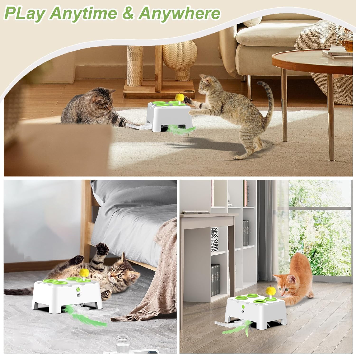2-in-1 Cheese Box Interactive Cat Toys Automatic Cat Toy, 4 Holes Mice Whack A Mole &  Moving Feather& Squeaky, Portable USB Rechargeable Electronic Kitten Toys (White)