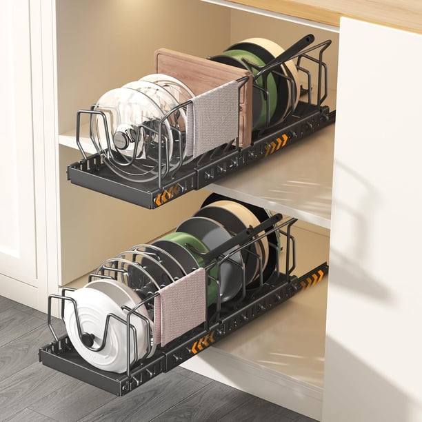 2-Piezas Organizador de Sartenes y Ollas para Cajon, Metal Organizador de Sartenes, 8 Compartimentos Ajustables, Corredero para Sartenes y Ollas con Adhesivo, Organizacion Hogar/Cocina