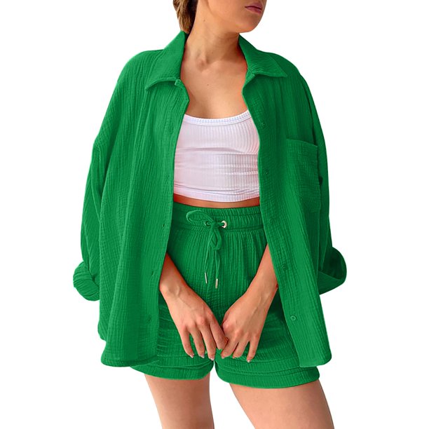 Conjunto de camisa holgada de solapa y un solo pecho + pantalones rectos de cintura alta para mujer - Mezcla de algodón, transpirable, mangas 7/8
