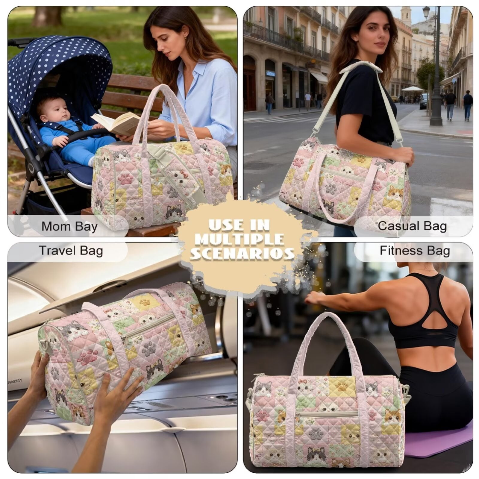 Garronmavis Cute Cat Print Large Quilted Duffle Bag for Women, Lightweight Weekender Travel Overnight Gym Dance Carry On Tote Bag with Luggage Sleeve