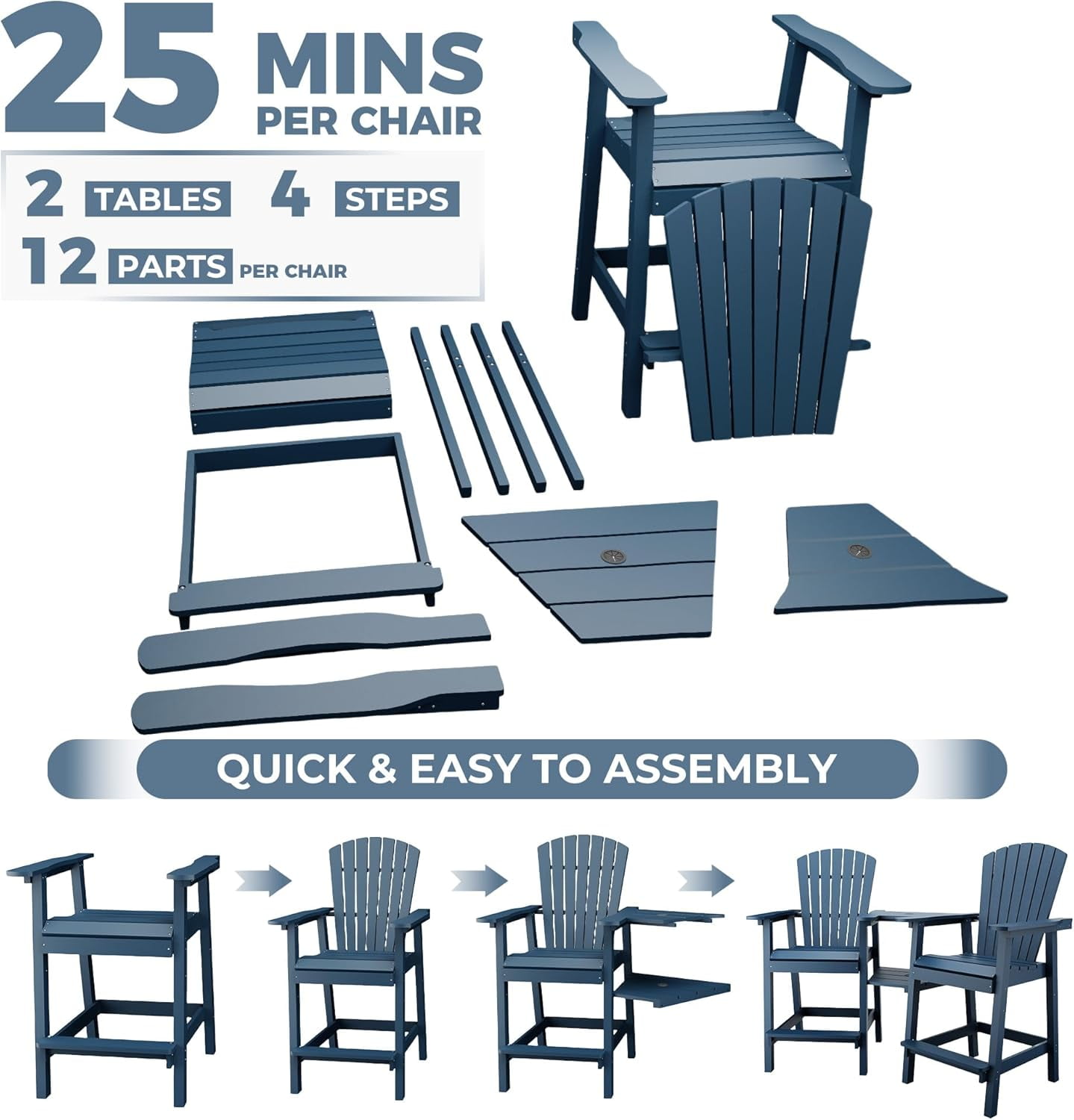 Outdoor Bar Height Adirondack Chairs with Connecting Tray,Balcony Chairs Recycled Poly Adirondack for Deck,Backyard,Outdoor Tall Adirondack Chairs Weather Resistant