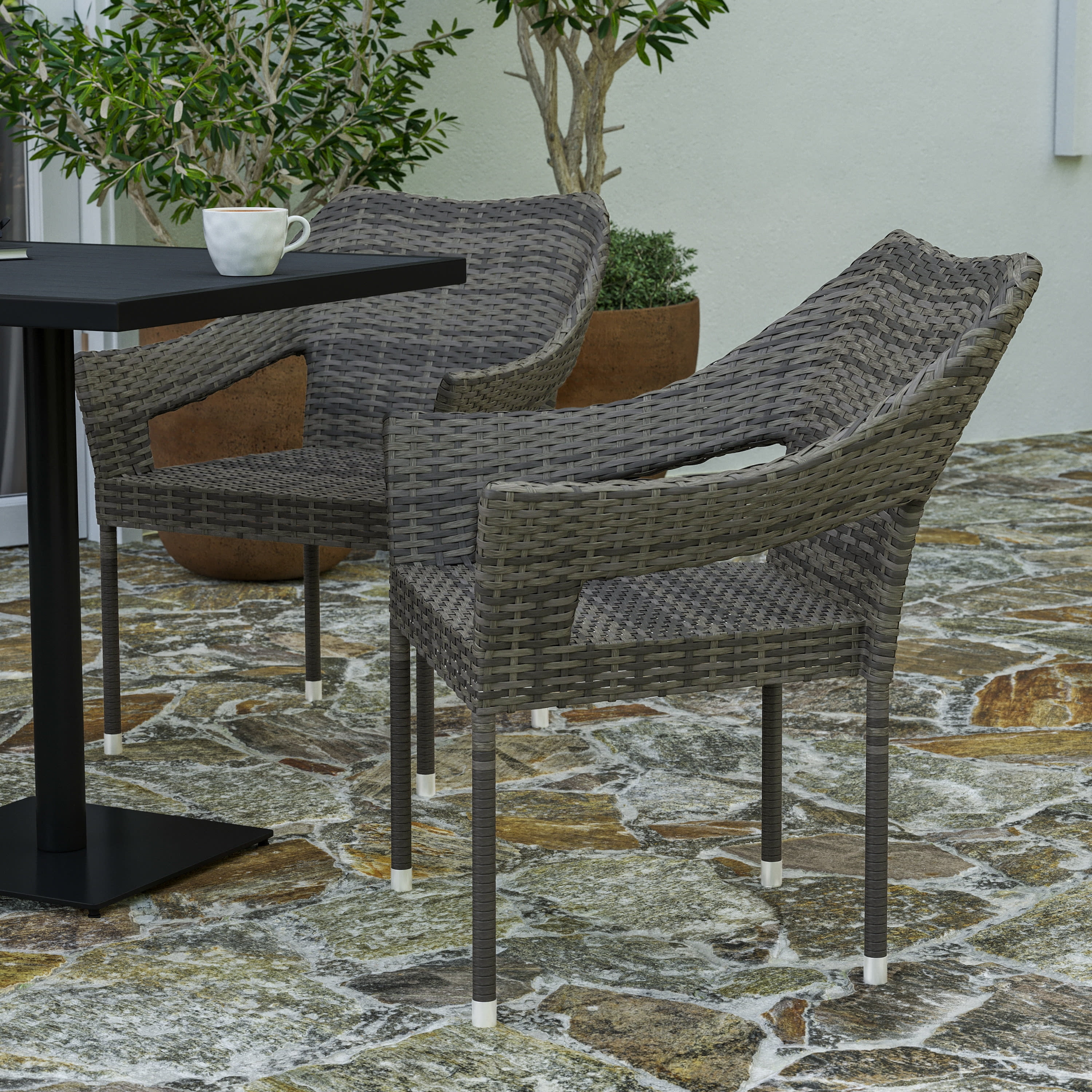 Merrick Lane Weather Resistant Indoor/Outdoor Stacking Patio Dining Chair with Steel Frame and PE Rattan - Gray