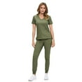 thumbnail image 3 of ACTIVE UNIFORMS Women’s Ultra-Soft Luxe Stretch Jogger Scrub Set V-Neck Top & Jogger Pants with Pockets - Regular & Petite Size (Olive, Small), 3 of 4