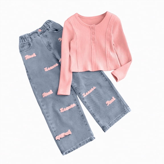 Taybagh Baby Outfits Girl Knitted Baby Clothes for Girls Two Piece Outfits Round Neck Fitted Top with Denim Pants