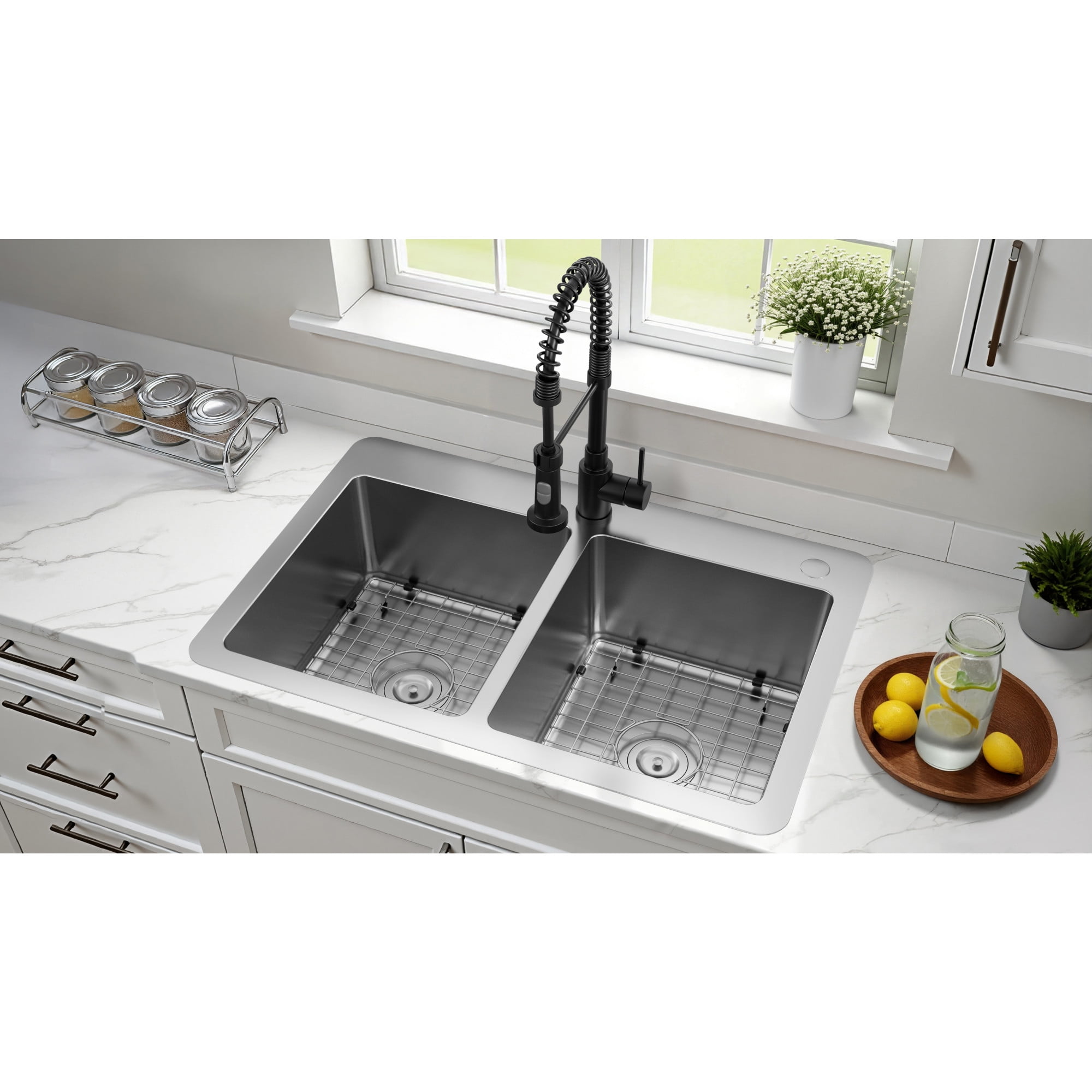 Kingston Brass GKDD332292H Calgary 33-Inch Stainless Steel Double Bowl Dual Mount Kitchen Sink with Drain in Brushed
