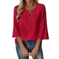 thumbnail image 5 of Women's Cotton Linen 3/4 Sleeve V Neck Lace Blouse Loose Fit Casual, 5 of 8