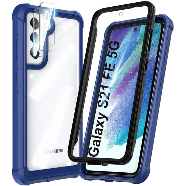 FFIY Samsung Galaxy S21 FE 5G Case with Built in Screen Protector, Full-Body Military-Grade Shockproof Protective Phone Case Cover with 2 Pack Camera Lens Protector for Samsung Galaxy S21 FE Black