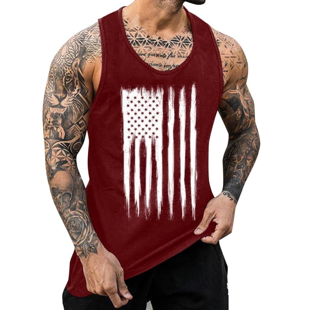 Hombres Moda Casual Día de la Independencia Impresión Suéter Cuello Redondo Deportes sin Mangas Tanque