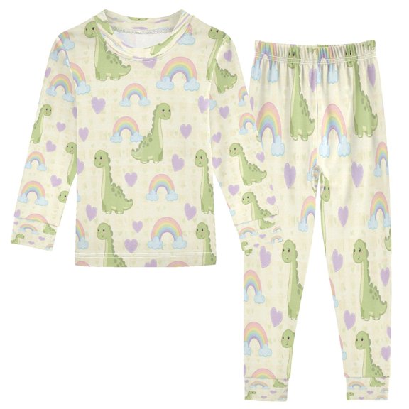 Cotton Children's Pajama Set with Long Sleeve Top and Pants for Boys & Girls Green Long-necked Dinosaur Pattern 18M
