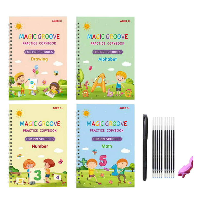 4 Pc Grooved Handwriting Book Practice,Magic Copybook For Kids