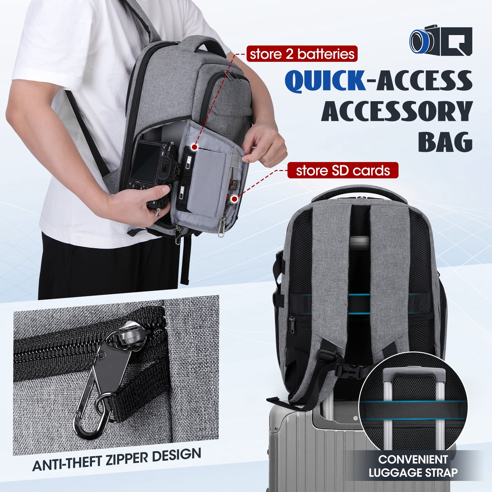 RAINSMORE Camera Backpack Camera Bag for Photographers DSLR SLR Mirrorless Camera Cases with Waterproof Rain Cover & Laptop Compartment Fits 14 Inch Laptop,Anti Theft Travel photography backpack,Gray