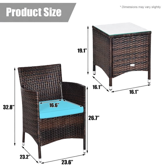 Resenkos Wicker Patio Conversation Furniture Set with Removable Cushions and Table for Yard Bistro Porch Balcony