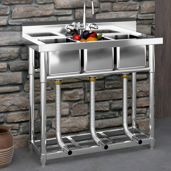 DEXTRUS Stainless Steel Utility Sink, 3 Compartment Commercial Sink for Restaurant, Laundry, Garage, Workshop