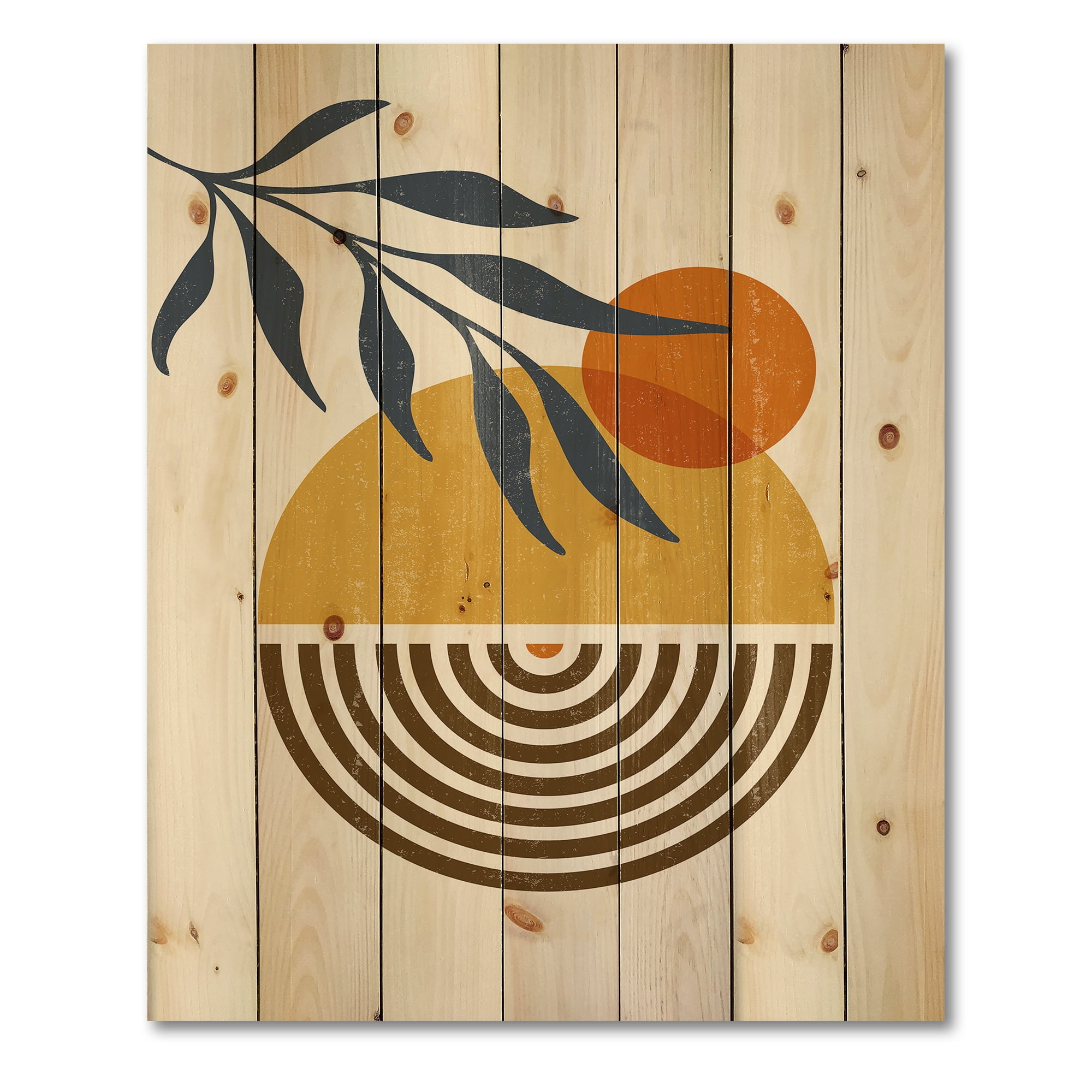 Designart 'Abstract Shapes With Botanical Minimalist Leaf IV' Modern Print on Natural Pine Wood