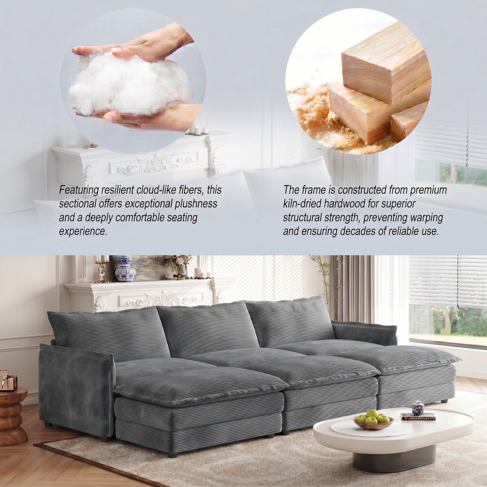 Sailvan 3-Seater Corduroy Sofa with 3 Ottomans, Oversized Deep Seat Cloud Couch for Living Room Grey