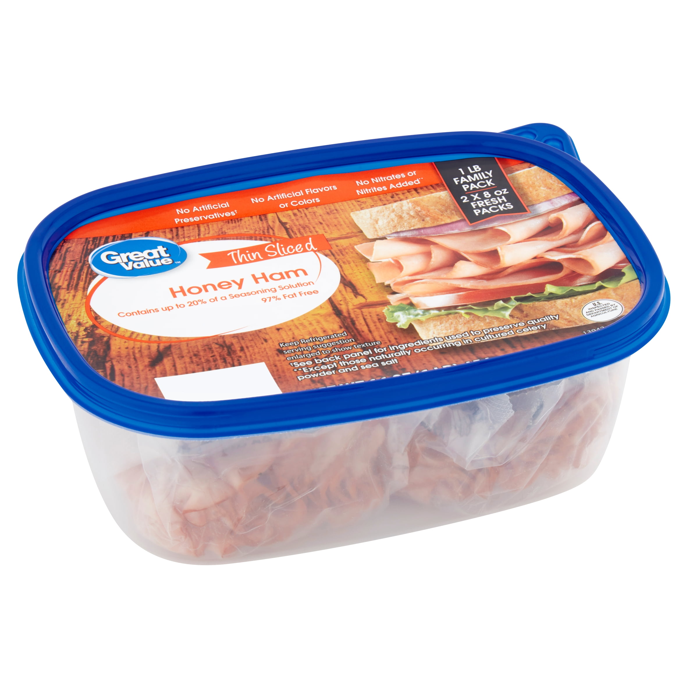 Great Value Thin Sliced Honey Ham Family Pack, 8 oz, 2 Ct