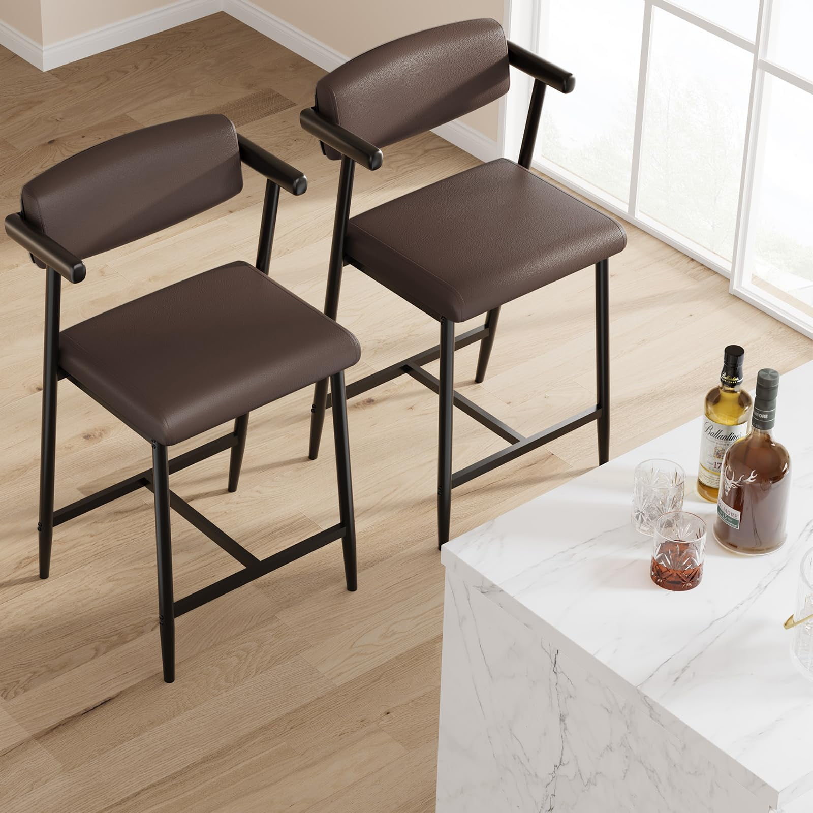Towallmark 26.5 " Upholstered Counter Height Barstools, Wider Thickened Cushion Bar Stools Set of 4 with Armrest, Brown Leather