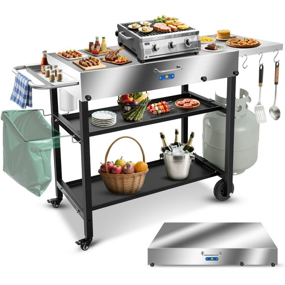 Stainless Steel Grill Cart 3-Tier Outdoor Kitchen Prep Table Cart with Wheel 440lbs Folding Blackstone Griddle Stand for 17" or 22" Griddle,Ninja Woodfire Grill, Pizza Oven Stand 43" W*17" D