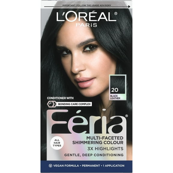 L'Oreal Paris Feria Permanent Hair Color, 20 Black Leather, Up to 40 Percent Stronger Hair, 1 Kit