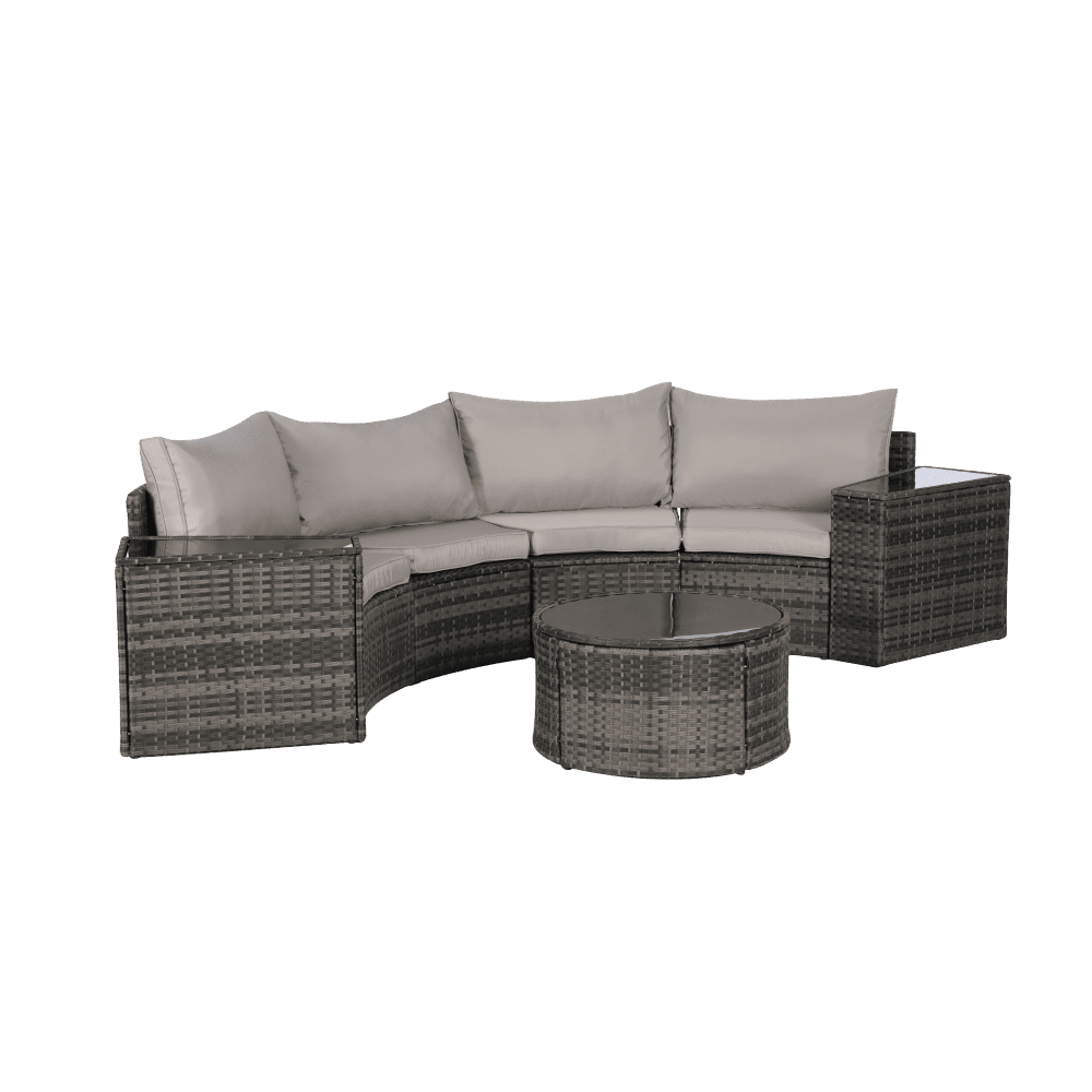 Modern 7 Pcs Outdoor Furniture Set (1 Coffee Table, 2 Side Table, 4 Curved Armless Sofa), Half-Moon Sectional Patio Furniture Set for Backyard, Poolside, 4 Available Color Cushion