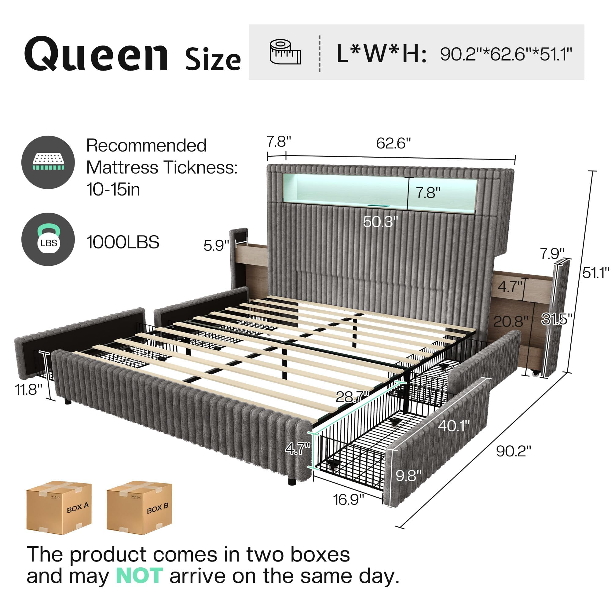 Amerlife Queen Size Storage Bed Frame with 51.2" Tall Upholstered Headboard, Built-in 6 Drawers & Bookcase, USB Ports & RGB LED Lights,Grey