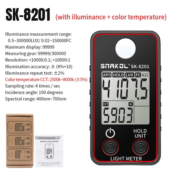 Illuminance Meter,Precise Meter 0.5-300000lux Color Temperature Tester Led Test Meter