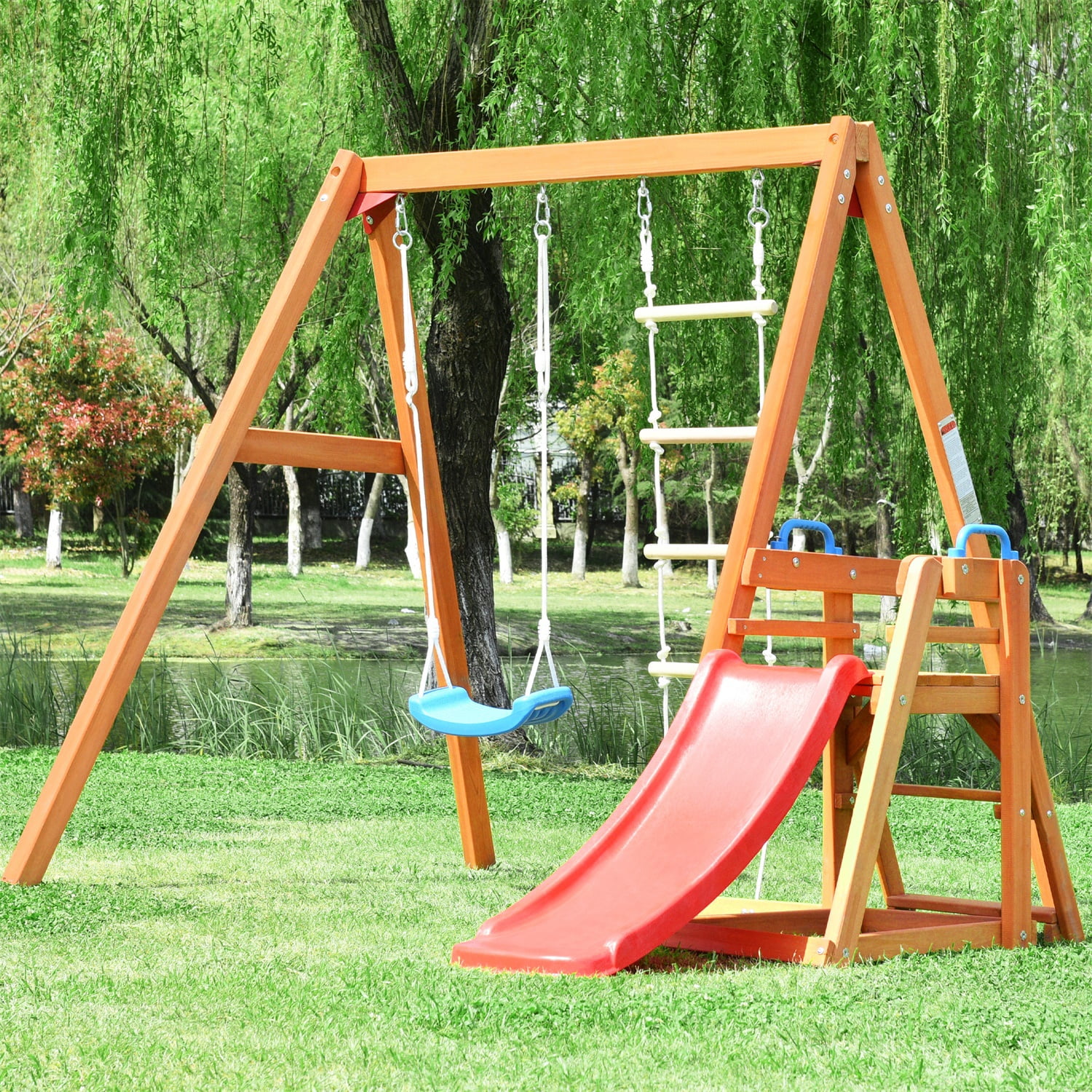 Wooden Swing Set with Slide, Outdoor Climb Swing for Kids Wooden Swing Set with Slide, Outdoor Climb Swing for Kids