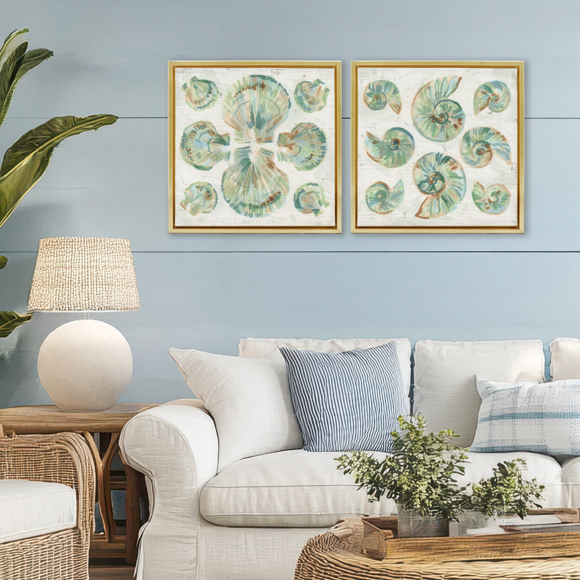 Stupell Industries Saltwashed Seashells Pattern 2 Piece Gold Framed Floater Canvas Set, design by June Erica Vess