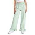 thumbnail image 6 of dazeni Girls Gingham Pants Kids Casual Elastic High Waist Plaid Trousers Soft Ruffle Hem Wide Leg Pants with Pockets Green 9-10 Years, 6 of 7