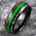 thumbnail image 4 of Green Fishing Line Wedding Band Ring for Men Black Tungsten Carbide Whiskey Barrel Oak Wood and Deer Antler Inlays, 4 of 5