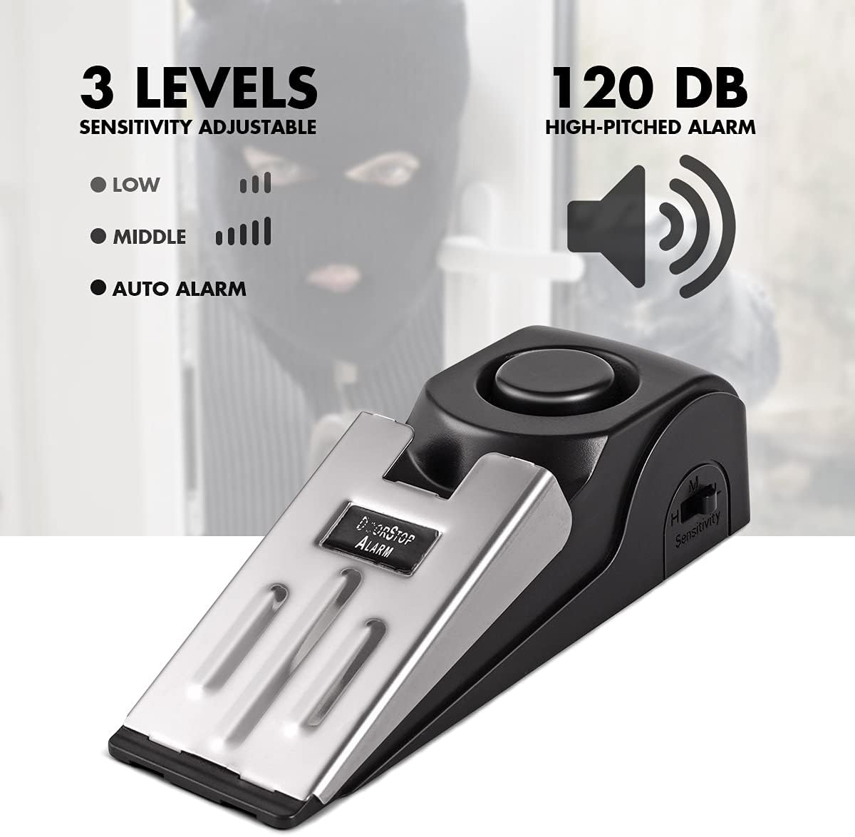 2 Pack Door Alarms for Home Security, Intruder Alert, Floor Wedge Siren Door Stop Alarm for Traveling Hotel (Black )