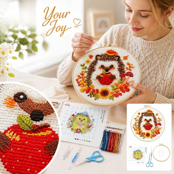 Cross Stitch Kit for Beginners with 8-Inch Embroidery Hoop, Needlework Craft Kit for Adults Featuring Pre-Printed Animal Wall Art, Autumn Cottagecore Wall Decor and Embroidery