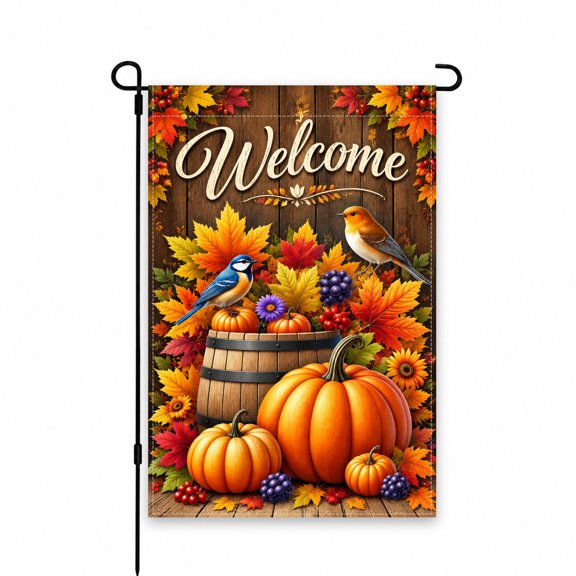 Welcome Garden Flag 12x18 Inch Fall Harvest Theme with Pumpkins & Birds, Autumn Outdoor Decor for Patio, Lawn, Yard, Porch, Seasonal Celebration Display.