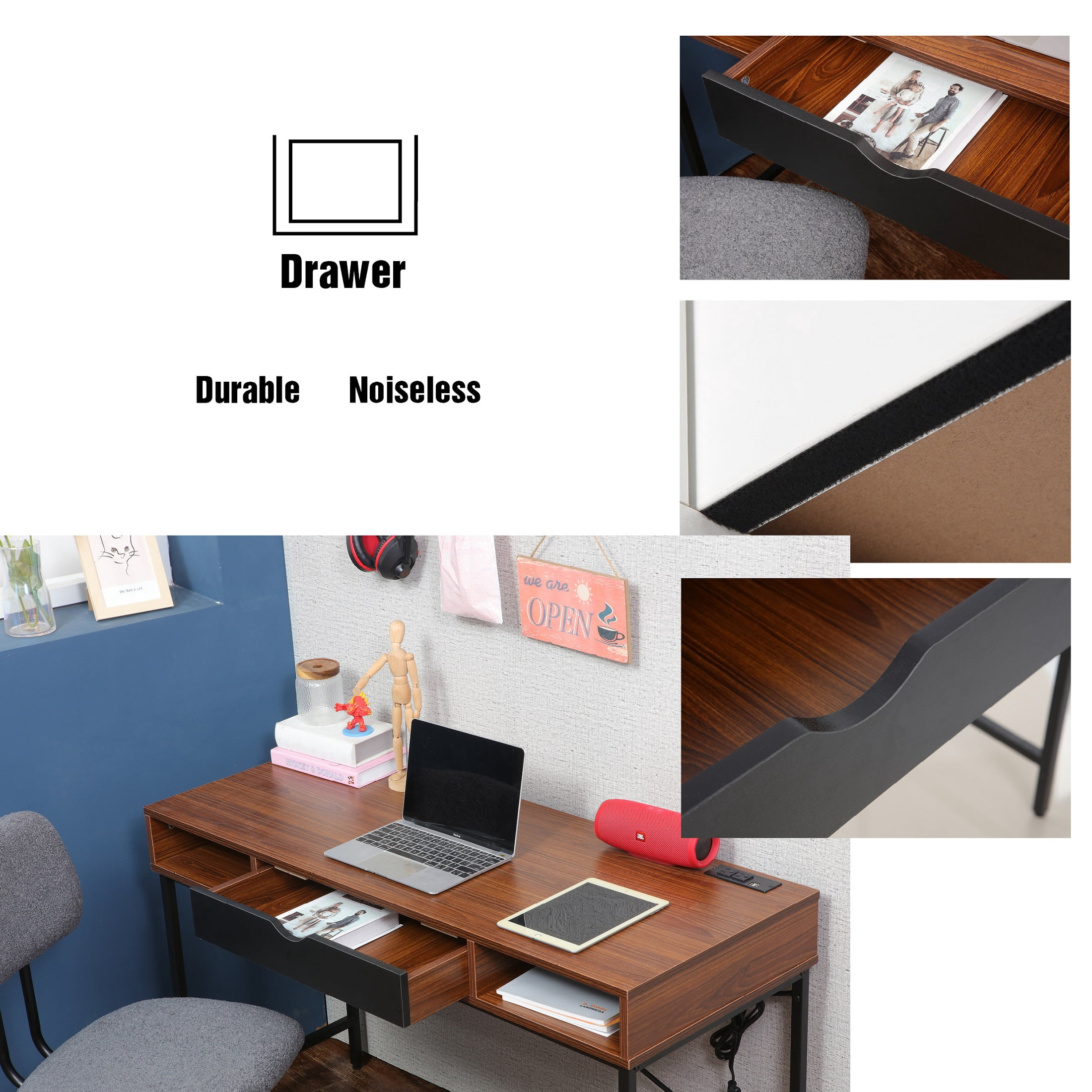 JJS 48' Writing Desk with Power Outlet, Home Office Contemporary Large Computer Desk Laptop Workstation with Drawer USB Ports Charging Station, Brown/Black
