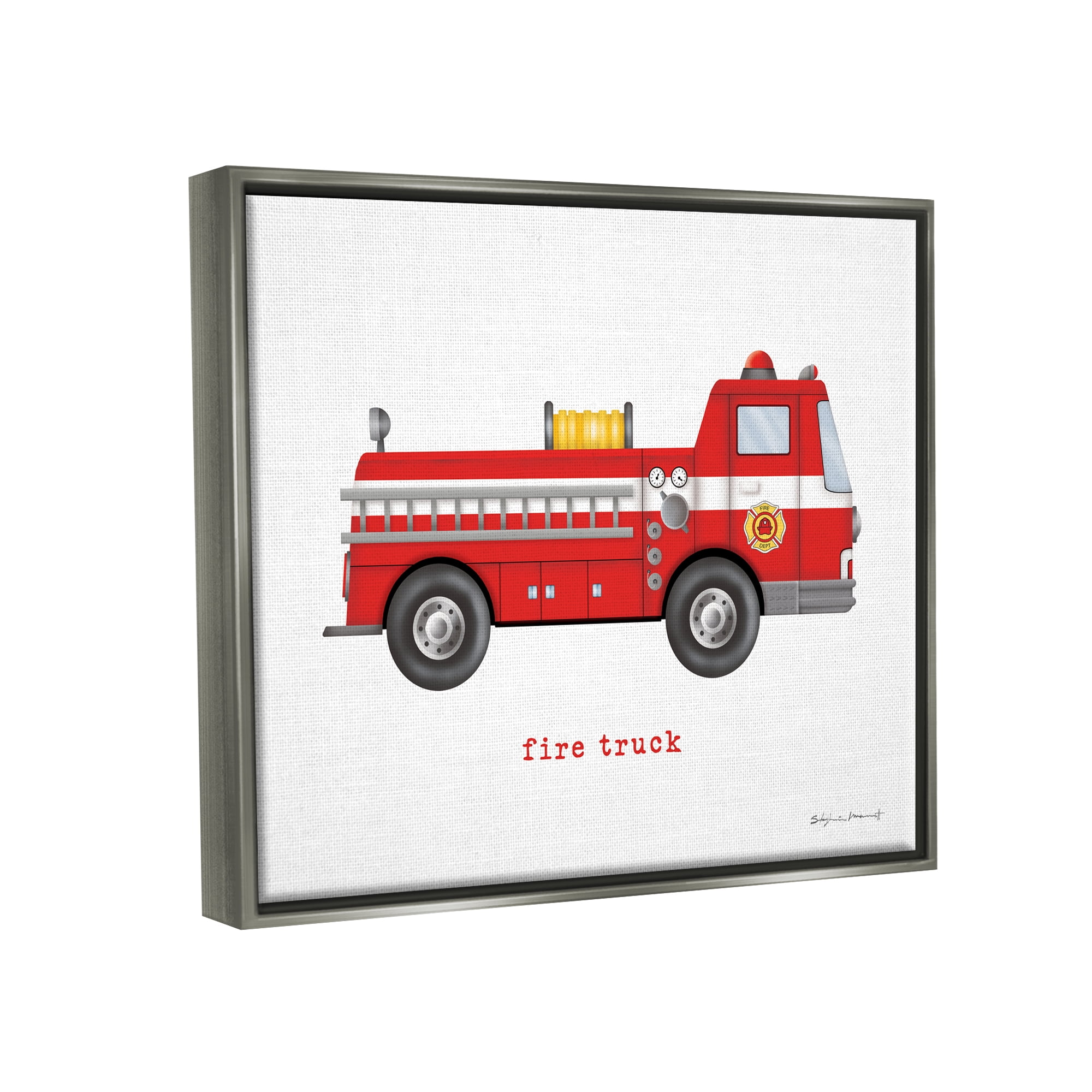 Stupell Red Fire Truck Vehicle Transportation Painting Gray Floater Framed Art Print Wall Art