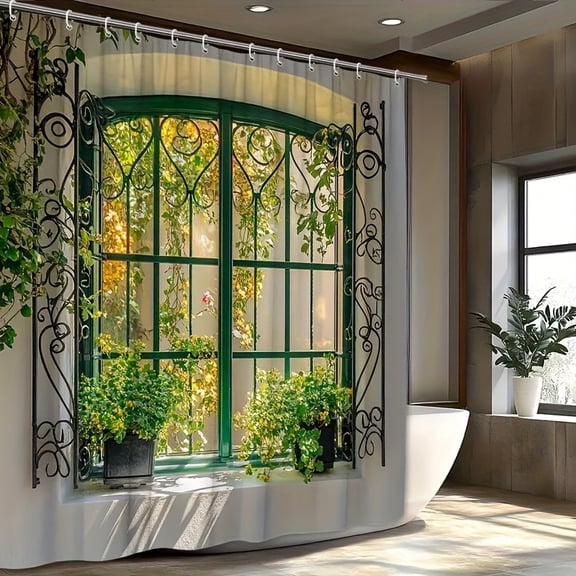 European Country Window Bathroom Shower Curtain with Hooks, Waterproof Fabric, 70x70 Inch Bath Curtain Decor