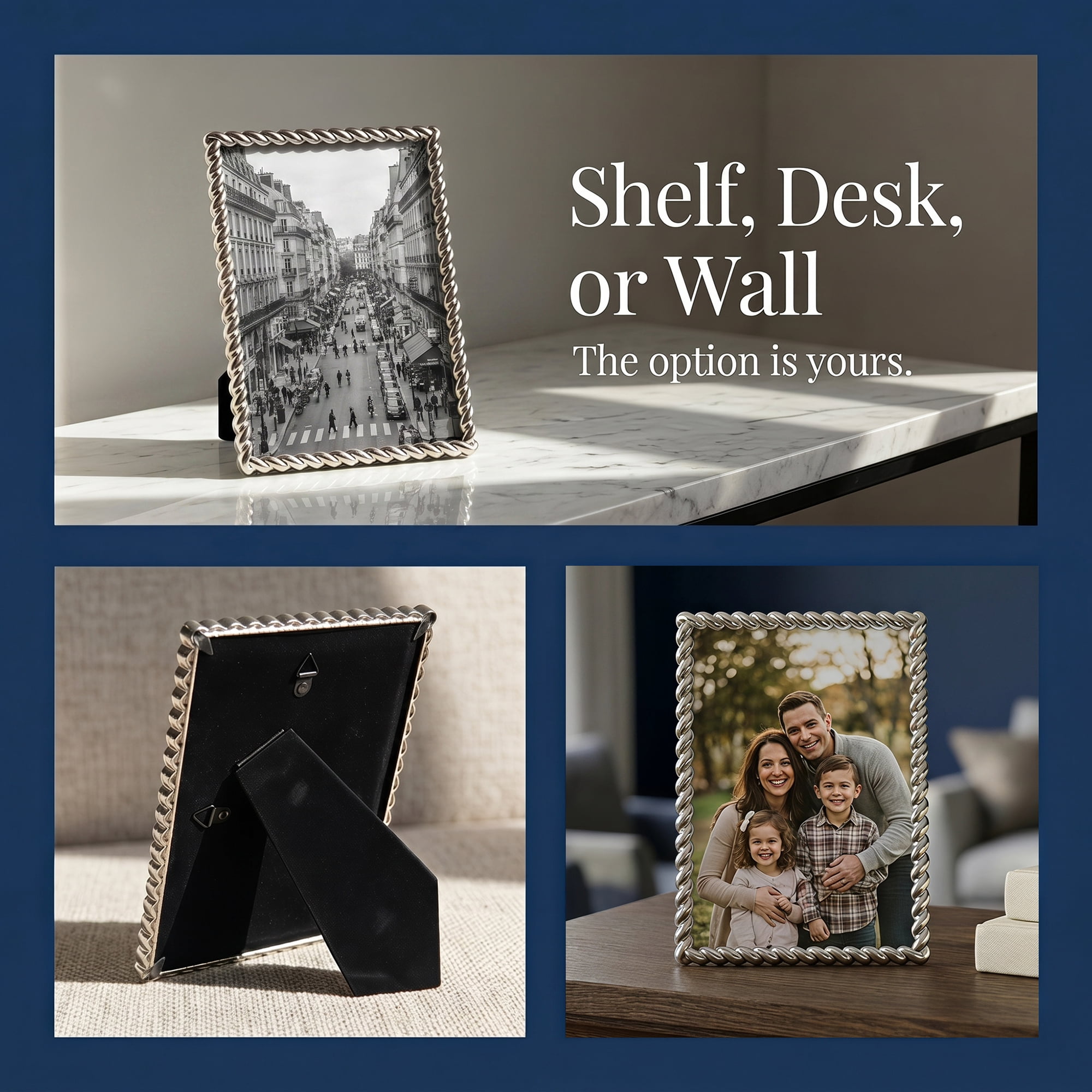 Unique Bargains Threaded Metal Premium Ribbed Photo Frame with HD Glass Silver 5" x 7"