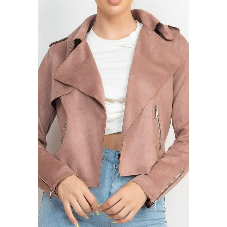 LA7 Faux Suede Notch Open Front Moto Jacket Large Size with Dusty Mauve Color
