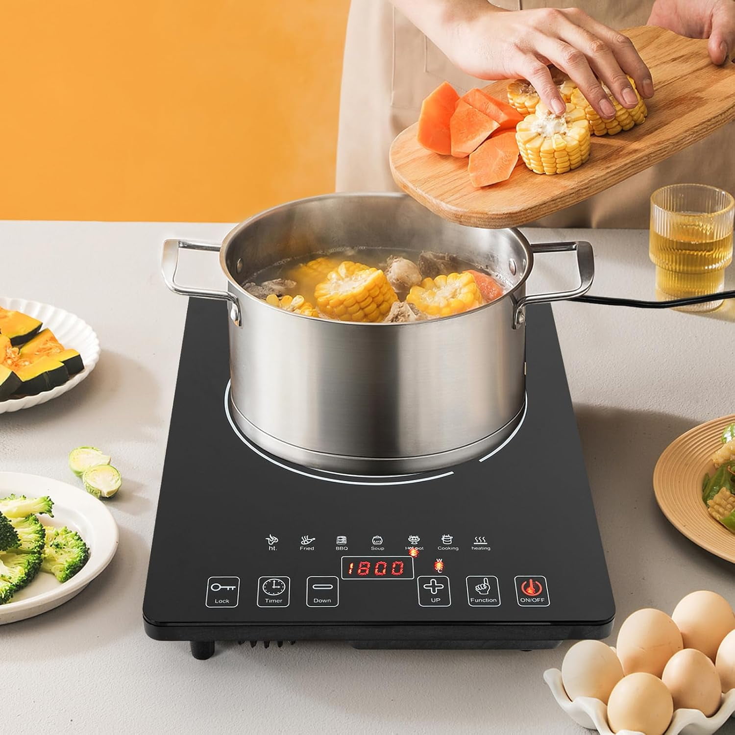 Countertop Single Burner Compact Stove for Home Dorm Office,Portable Electric Cooktop,1800W with LED Touch Screen,8 Power & 8 Temperature Levels,Timer,Microcrystalline Panel