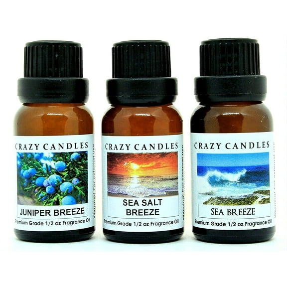 Crazy Candles 3 Bottles Set, 1 Juniper Breeze, 1 Sea Salt Breeze, 1 Sea Breeze 1/2 Fl Oz Each (15ml) Premium Grade Scented Fragrance Oils (MADE IN USA)