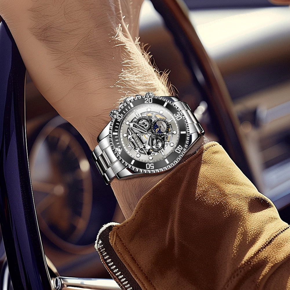 OLEVS Automatic Watches for Men Skeleton Self Winding Mechanical Fashion Dress Chronograph Moon Phase Stainless Steel Waterproof Luminous Mens Wrist Watches Gift Reloj Para Hombre